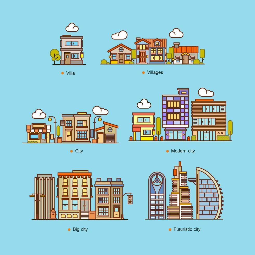 conjunto casas y edificio paisaje urbano plano estilo vector ilustración