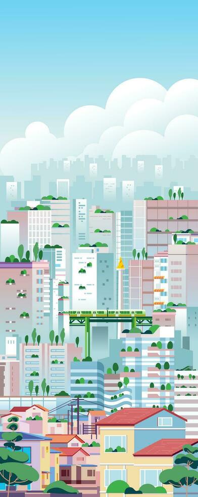 Big modern eco friendly green city landscape cityscape skyscrapers vertikal illustration with many office buildings, apartment, house and other bulding vector