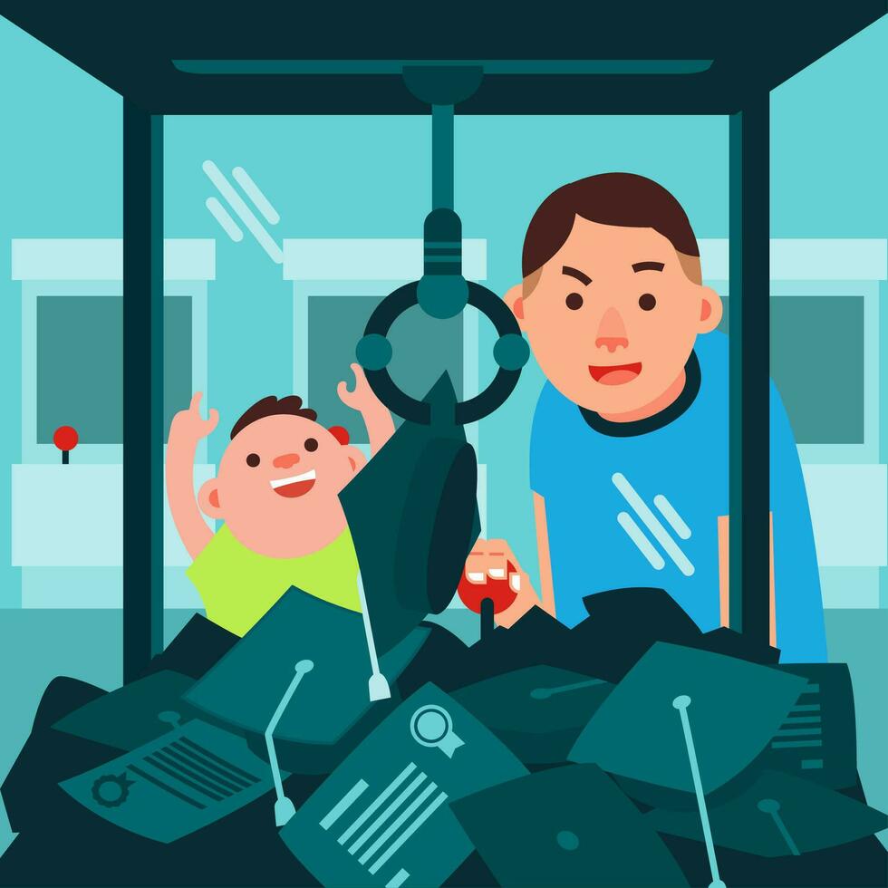 father and son in the claw machine, father pick up the cap for his son vector illustration.eps