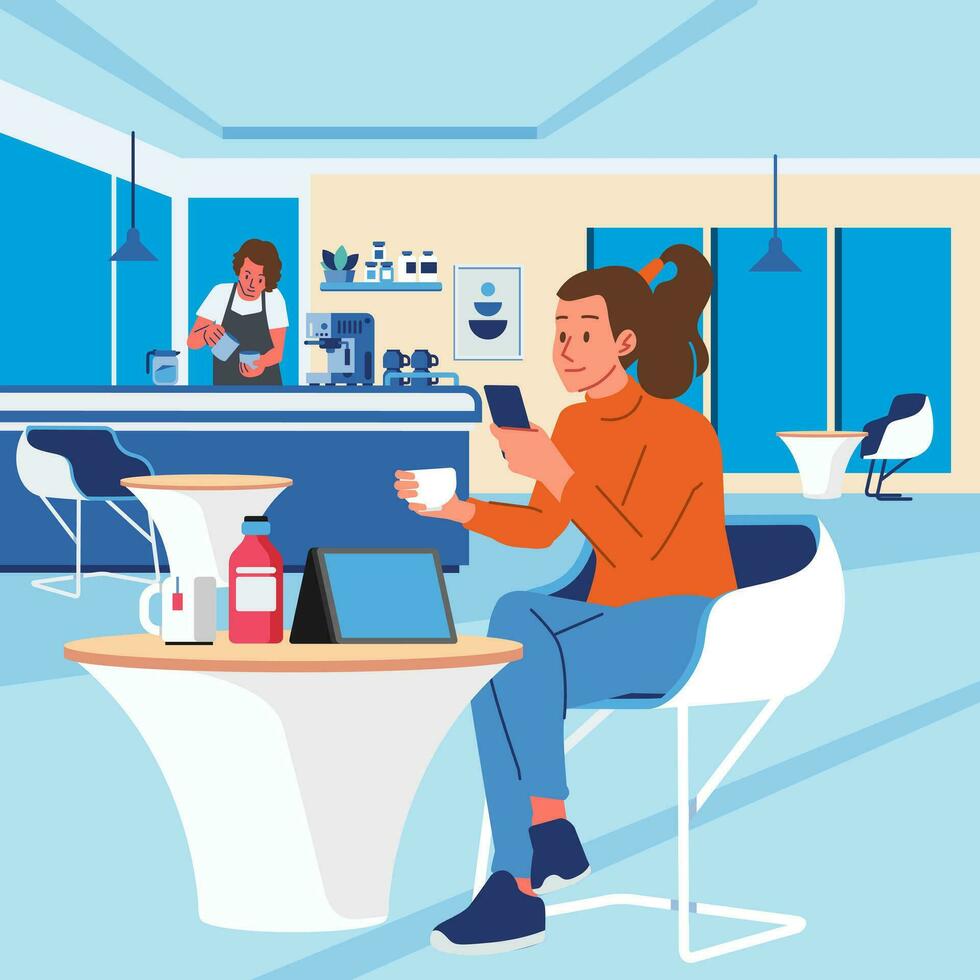 Cafe interior woman Dinning and Working in modern Coffehouse. Barista and customer in coffee shop Coworking Loft Office vector