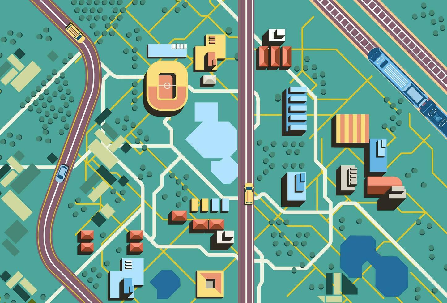 Sky View of Traffic in the city, with green background. there are cars in the roads, highway, and trains in the railroads flat vector illustration