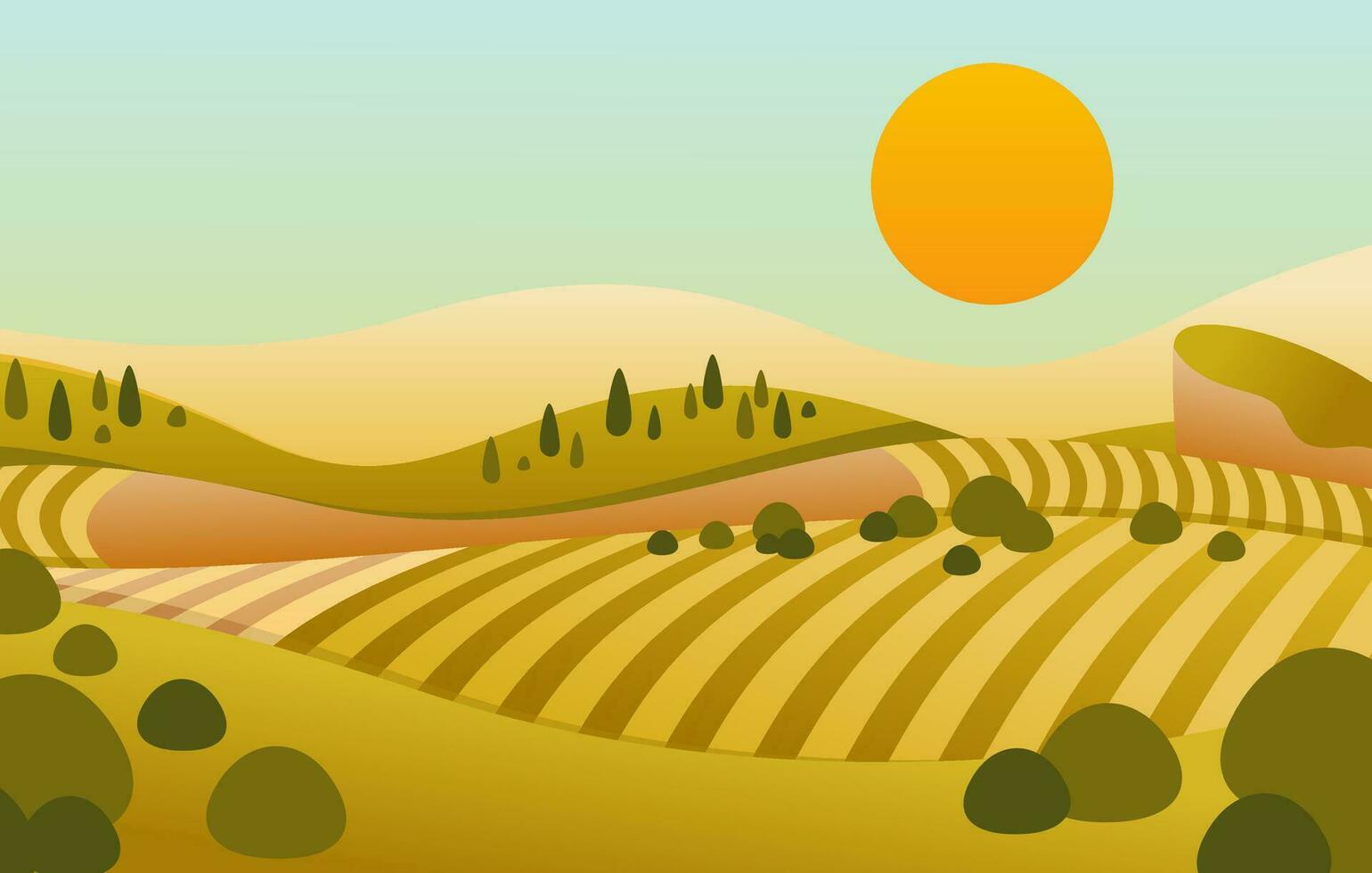 flat vector illustration of landscape hill with sunset view and beautiful yellowish green field