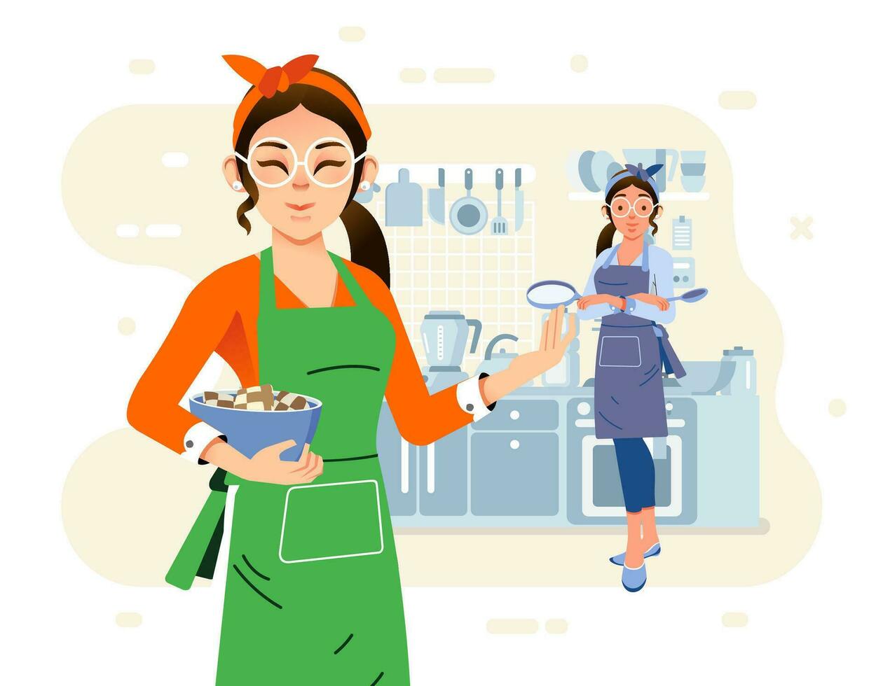 two moms cooking together in the kitchen, wearing apron and kitchen appliance as background vector
