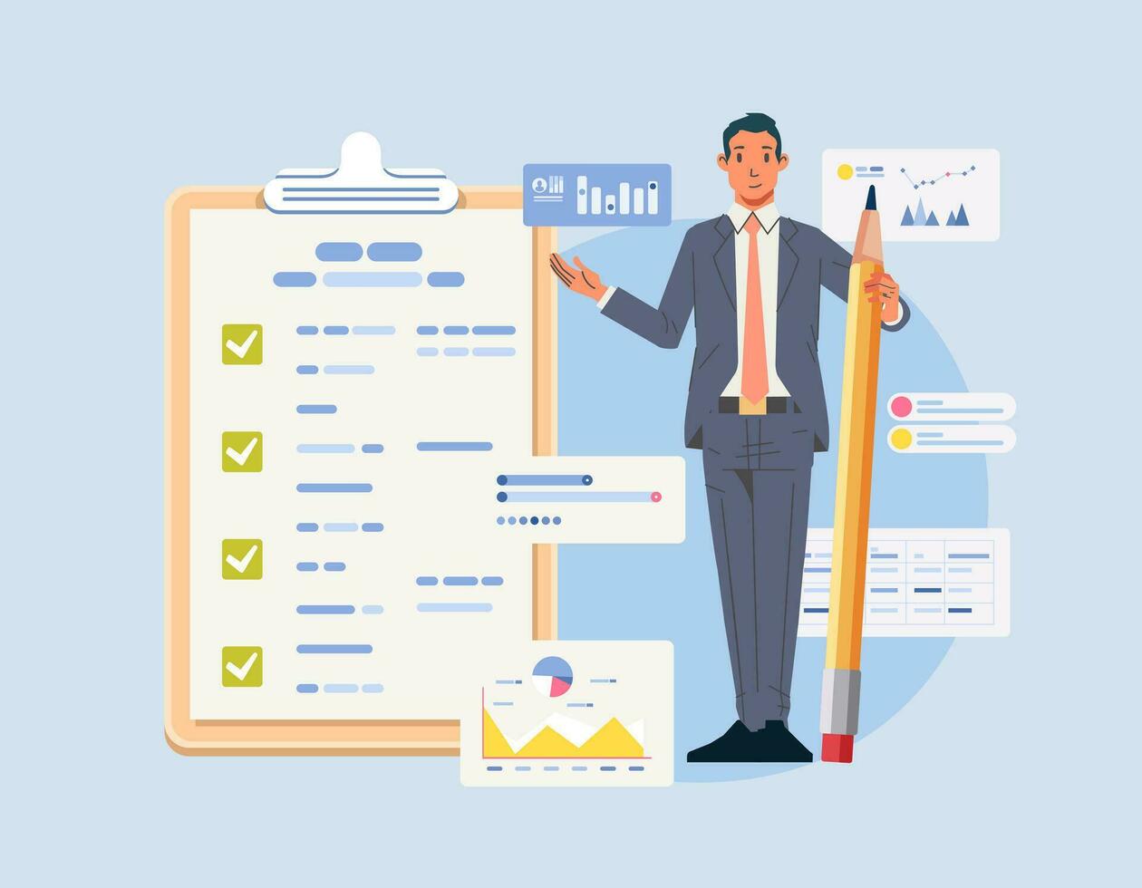 Business man with giant pencil near marked checklist on clipboard paper Successful completion of tasks chart and graph Flat vector illustration