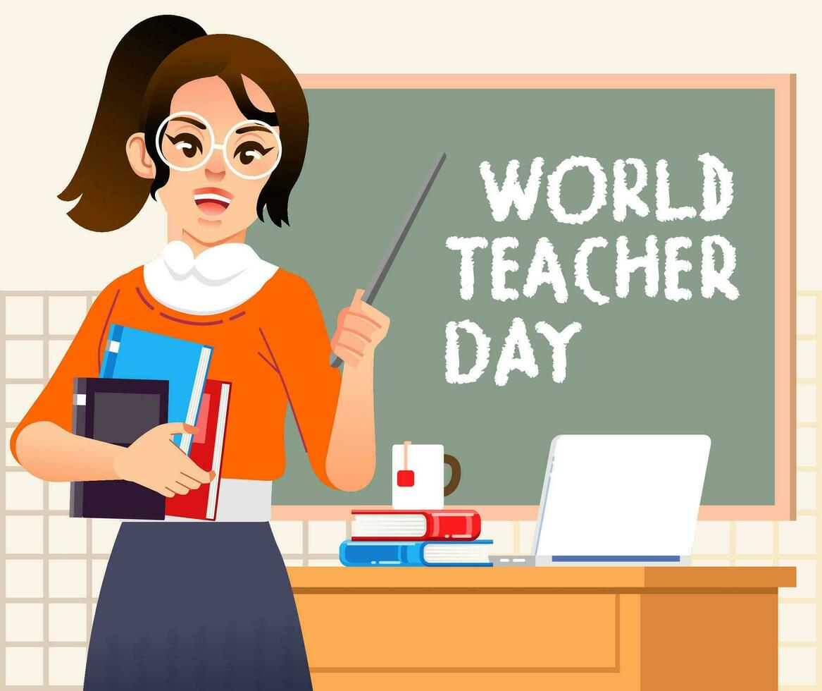 world teacher day illustrate by young woman teacher teaching in front of class holding books and long stick, desk and blackboard behind vector illustration