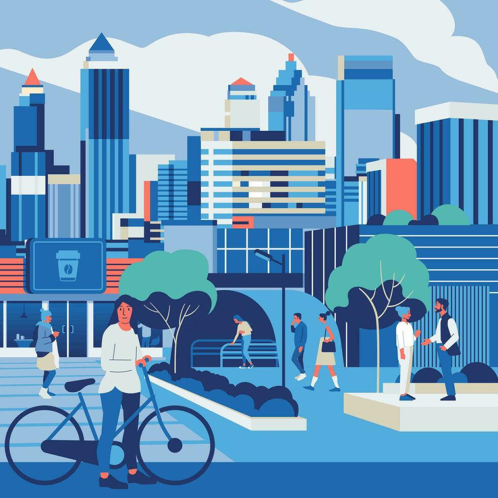 People walking along city street. Modern urban lifestyle scene with pedestrians, cyclist citizens going on sidewalks and buildings. Cityscape panorama monochrome vector