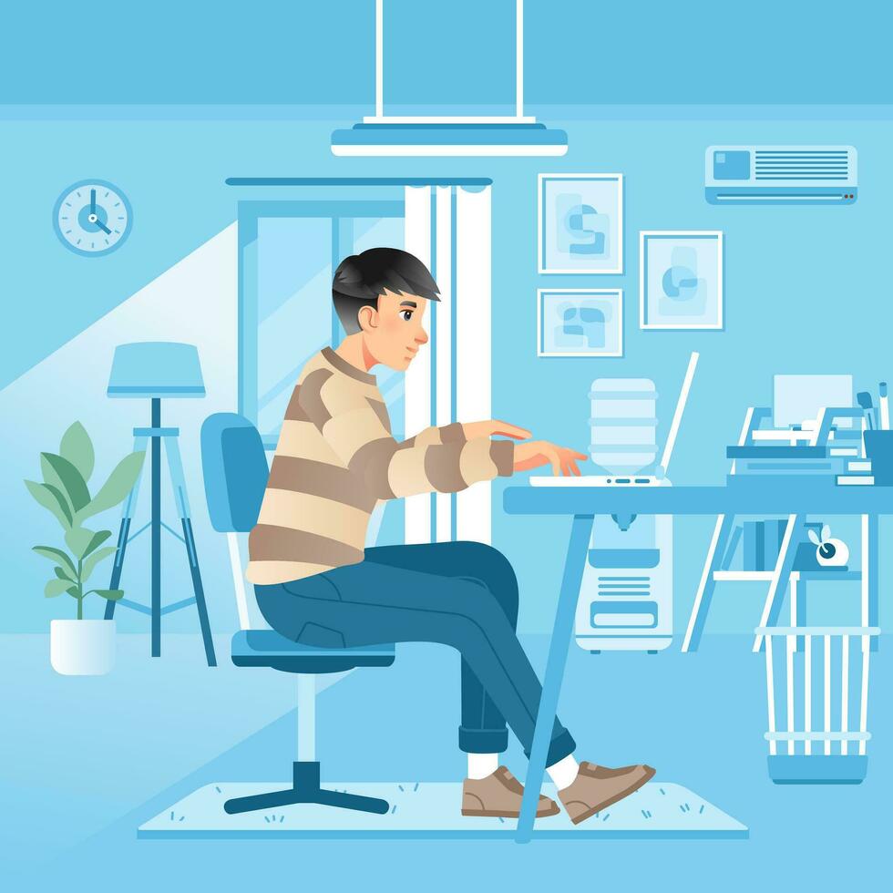 Man freelancer working telecommuting with laptop sitting at teleworking workplace work from home WFH Vector illustration