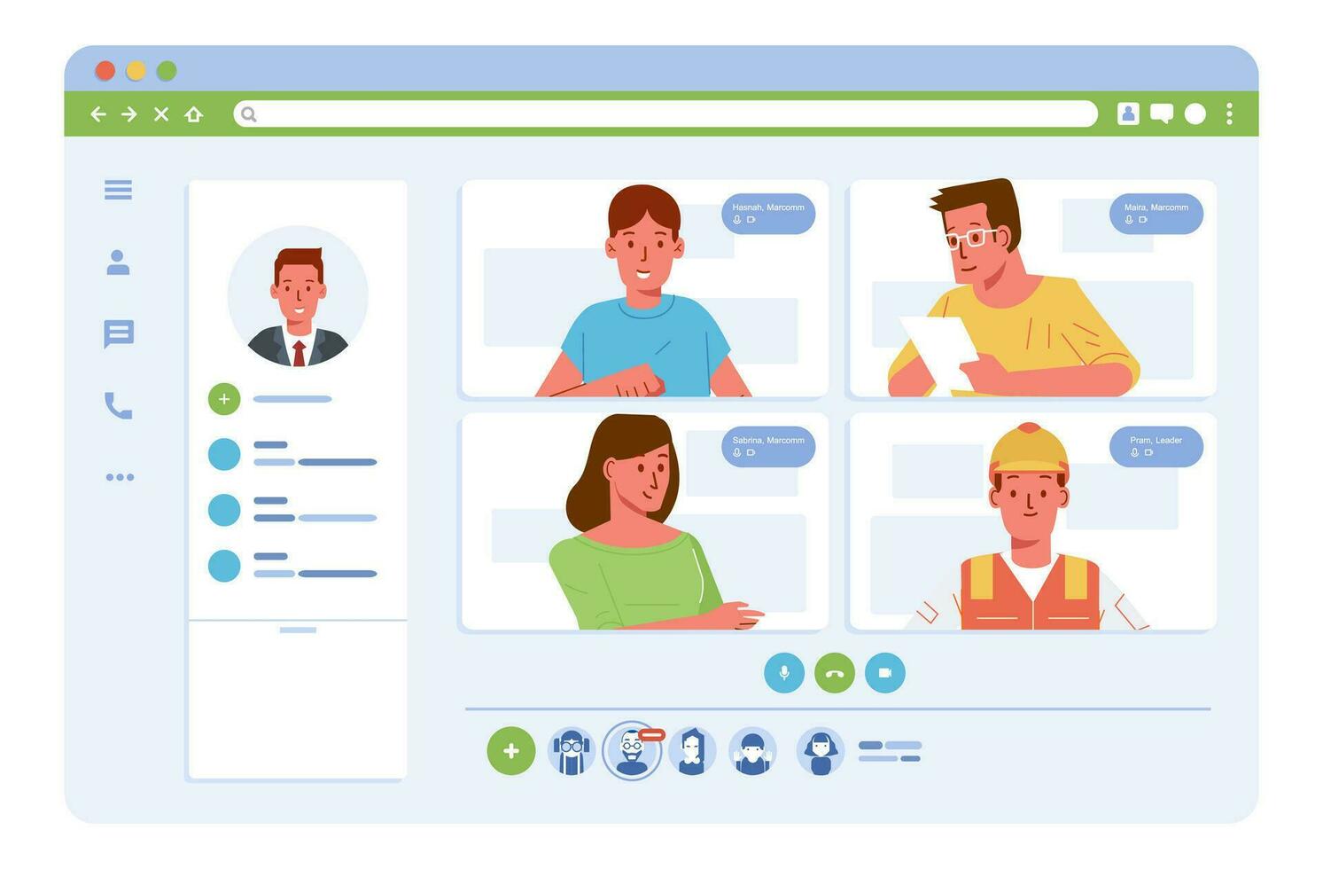 online meeting video conference of worker in office and field work. vector illustration of online meeting of workers using video call application in computer