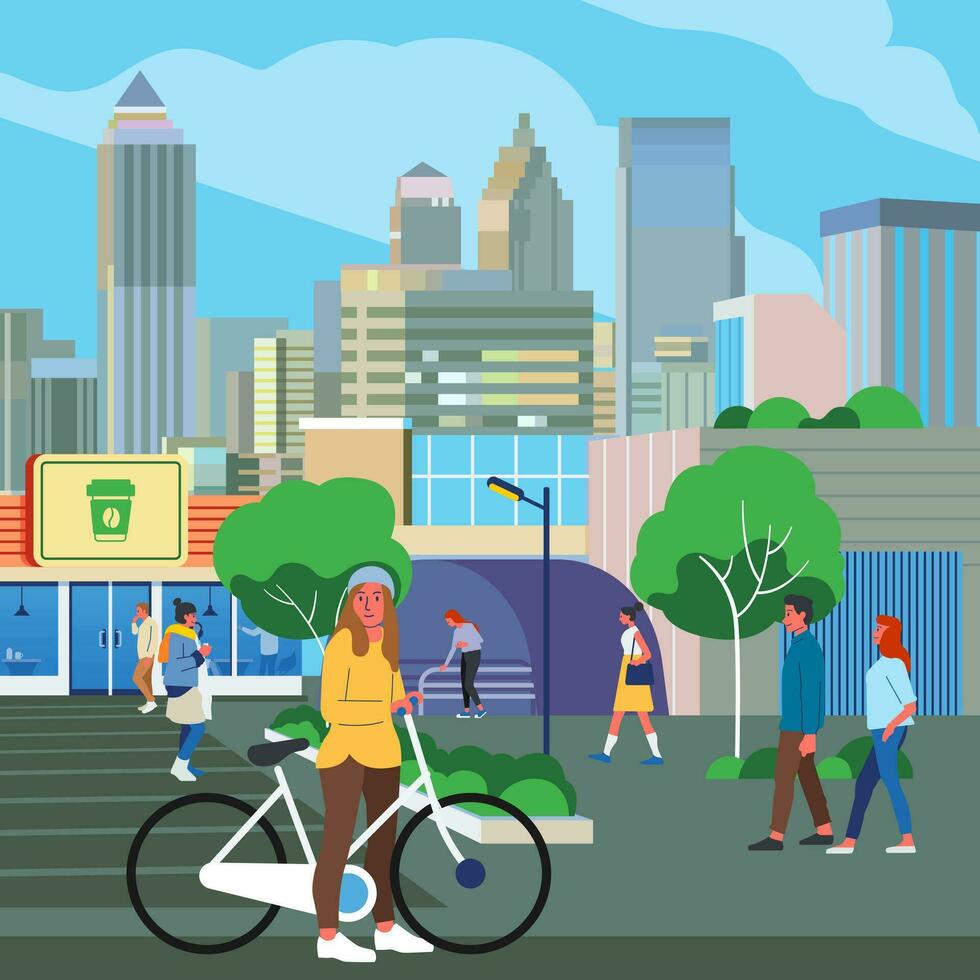 People walking along city street. Modern urban lifestyle scene with pedestrians, cyclist citizens going on sidewalks and buildings. Cityscape panorama vector