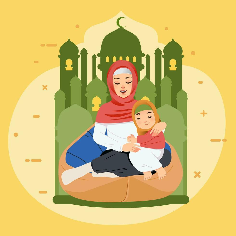 Muslim Mom and daugther wearing hijab and sit on the beanbag while hugging each other vector illustration