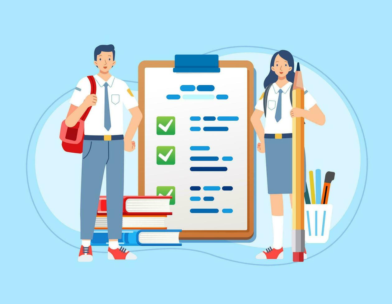 Girl boy high school with giant pencil near pencil marked checklist on clipboard paper Successful completion study tasks Flat vector illustration