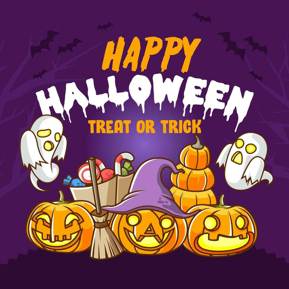 Happy halloween poster with jack o lantern and ghost illustration - vector