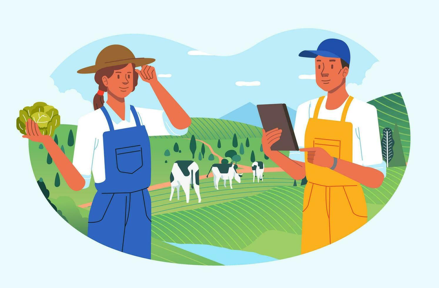 Two farmer man and woman using technology and tablet for their farm, modern agriculture concept banner vector