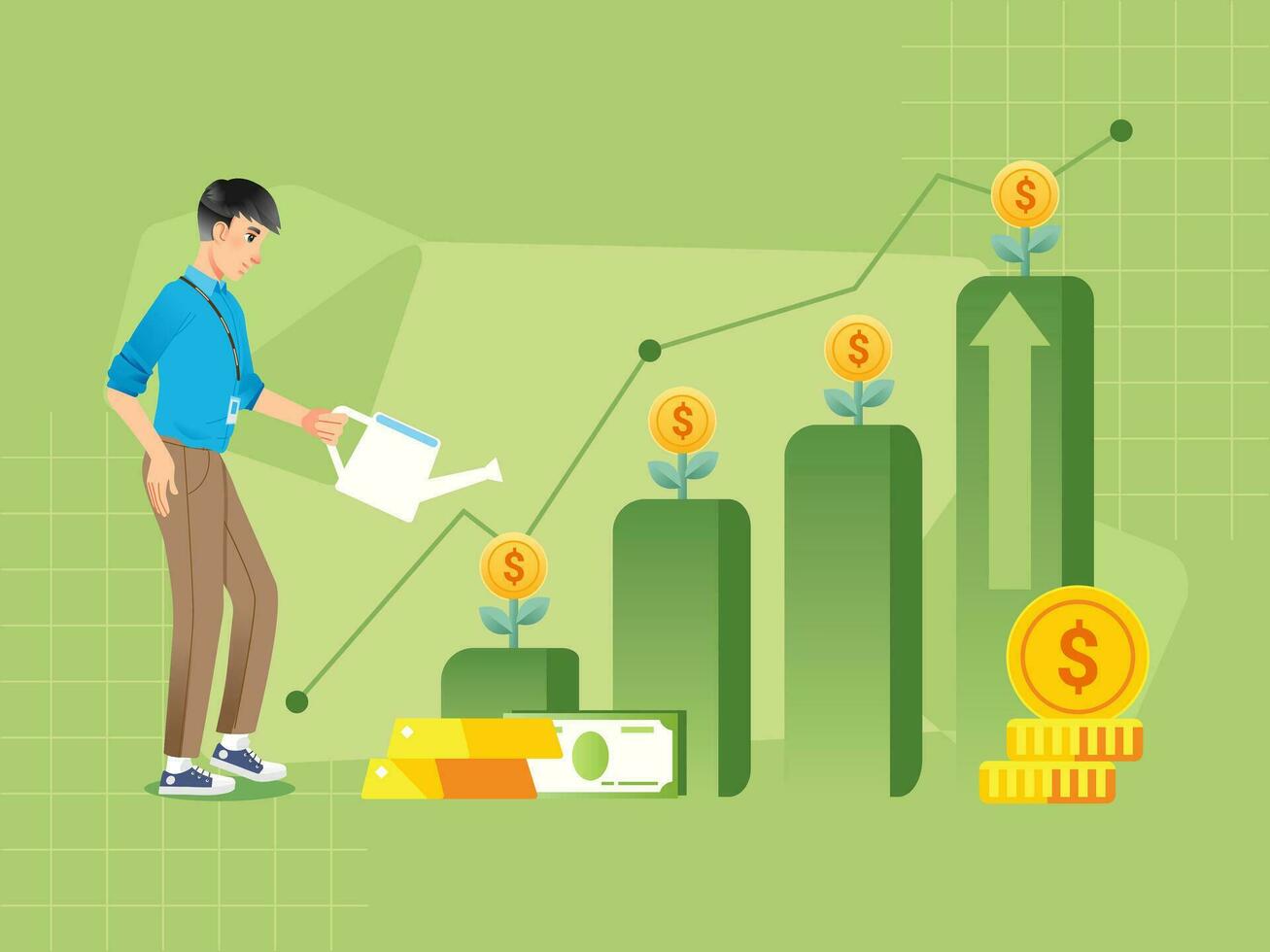 Businessman watering growth investment profit increase revenue progress rising up chart vector illustration