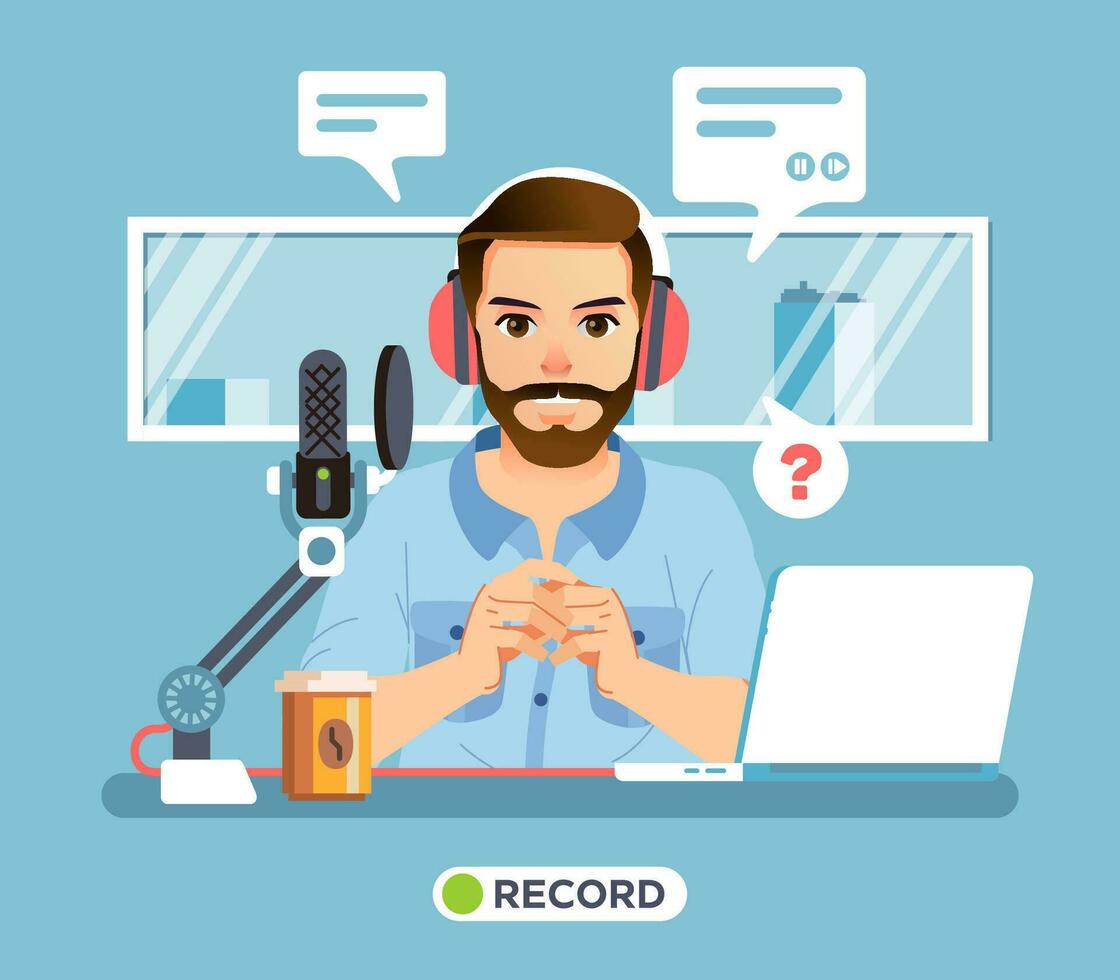 hombre personaje sentado en el radio transmitir habitación con micrófono, café, ordenador portátil en el escritorio y ventana como antecedentes vector