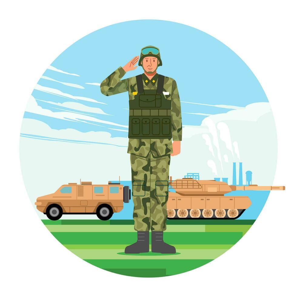 Stand by army soldier in camouflage uniform salute on military base and combat vehicle as background vector
