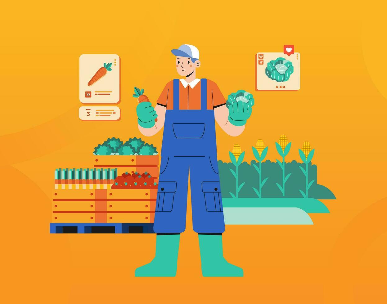 moderno agricultura y agricultura sonriente masculino granjero o jardinero en uniforme sostiene rendimientos vegetales trabajo y cosecha vector