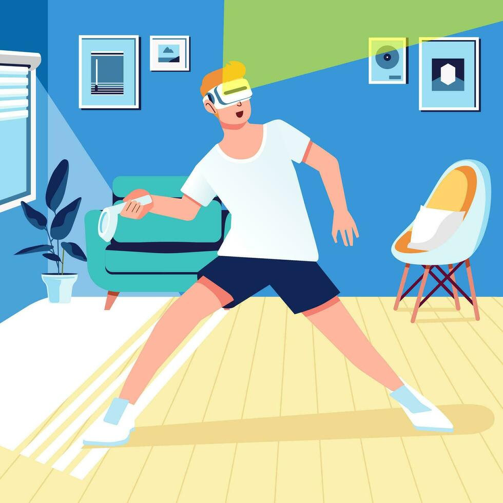 Virtual reality technology workout and fitness concept vector illustration Woman in VR Headset play tennis at living room