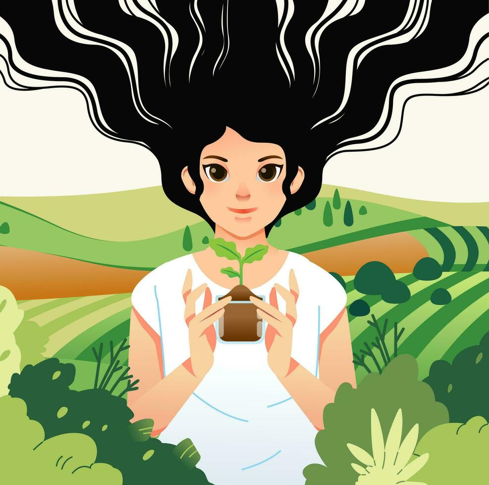 World Environment Earth Day. Girl holds handful soil with plant sprout seed. Sustainable lifestyle, green, ecological conversation, nature concept vector