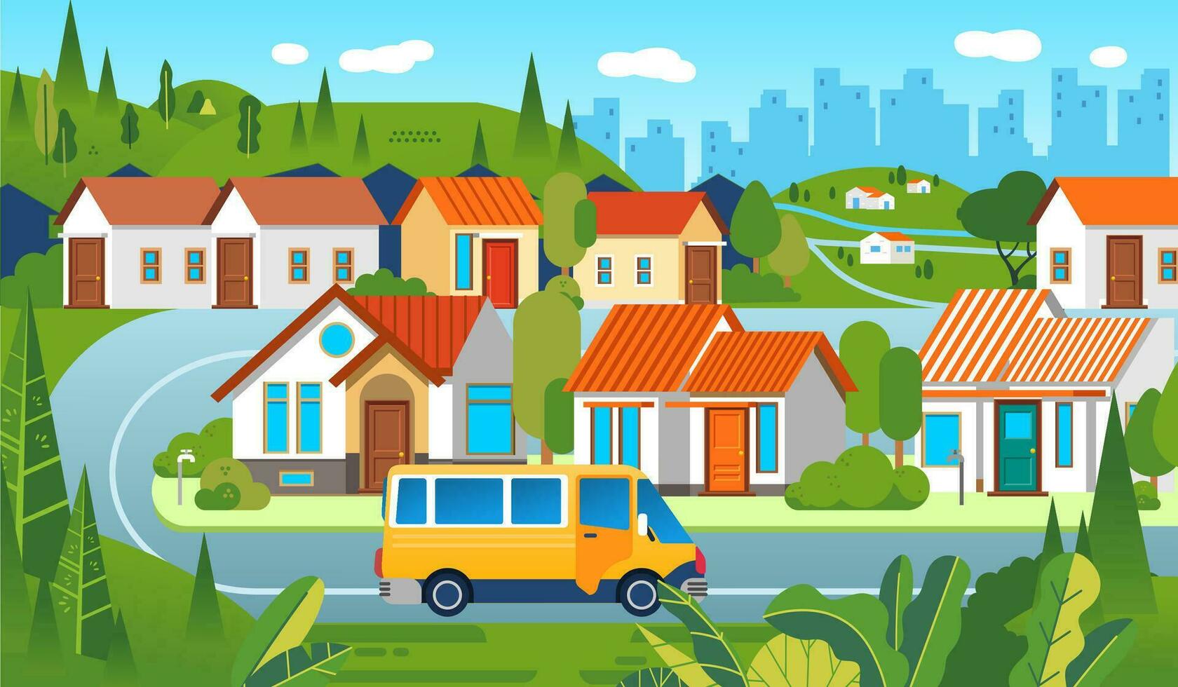 alojamiento complejo con casas, árbol, camino, y coche con paisaje urbano como antecedentes vector ilustración