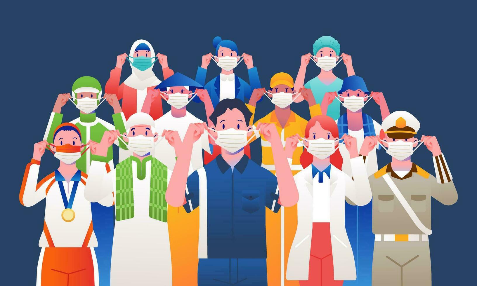 varios caracteres, nacionalidades y profesiones, hombre y mujer reunido vistiendo mascaras cuidando para el pandemia vector