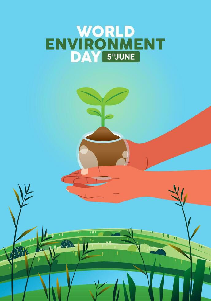 World Environment Earth Day. hand holds soil with plant sprout seed. Sustainable lifestyle, green, ecological conversation, nature poster vector