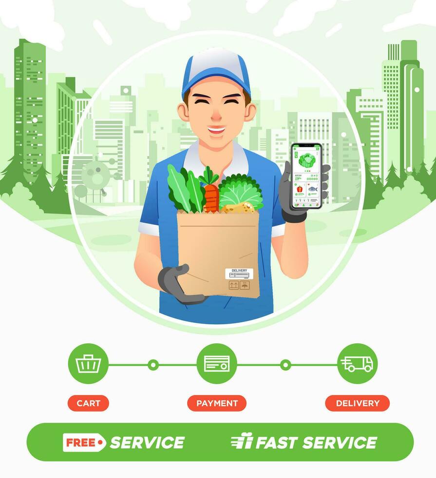 couriers deliver vegetable orders from supermarkets. online grocery shopping app at smartphone vector illustration