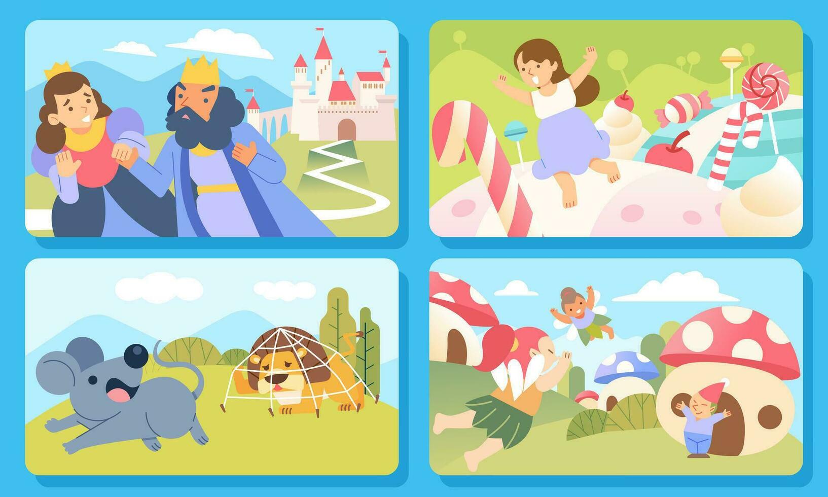 A collection of childrens fairy tales of folklore from various countries lion and mouse, candy world, fairy, mushroom, king and queen vector