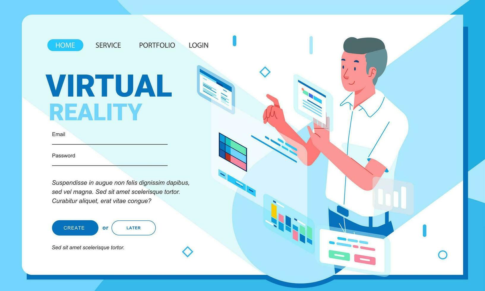 Isometric flat style businessman and entrepreneur set strategy with digital floating graphic and chart web landing page GUI UI vector