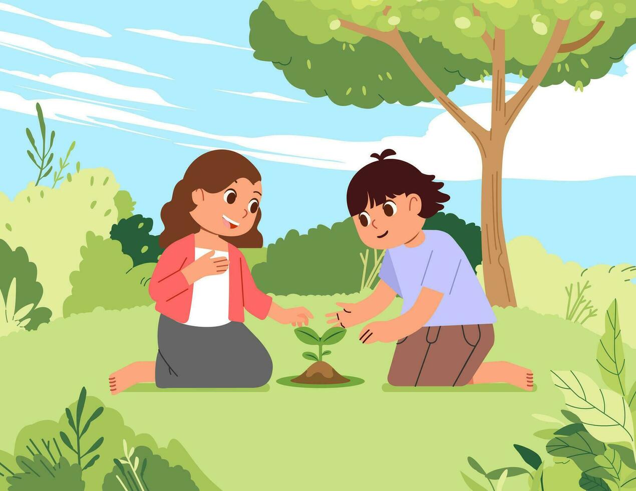 Children girl boy planting sprout plant seed together in nature garden park. Natural care ecology Environmental Save preservation Earth vector