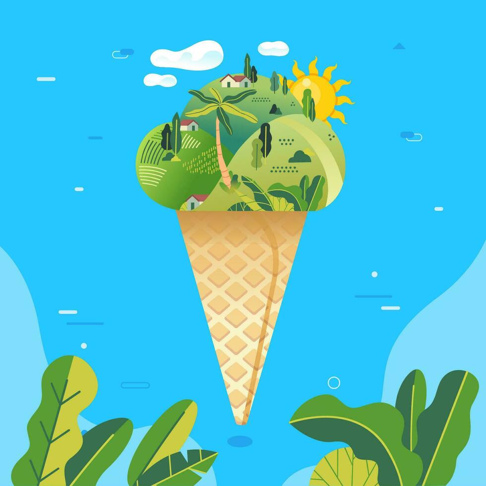 Tropical ice cream island in a cone flat vector illustration