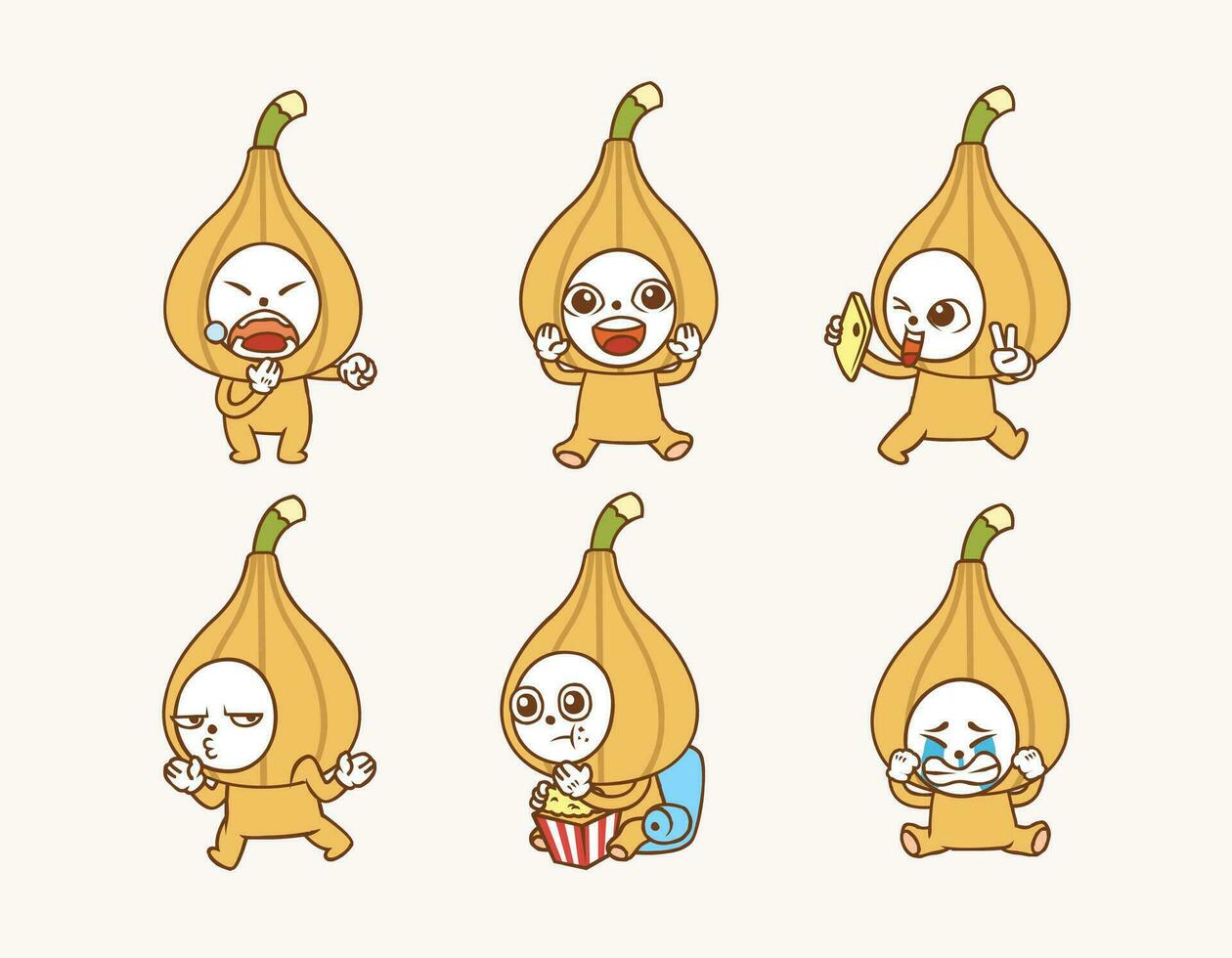 collection character of people wearing cute onion costume as emoticon with different activities and facial expression vector