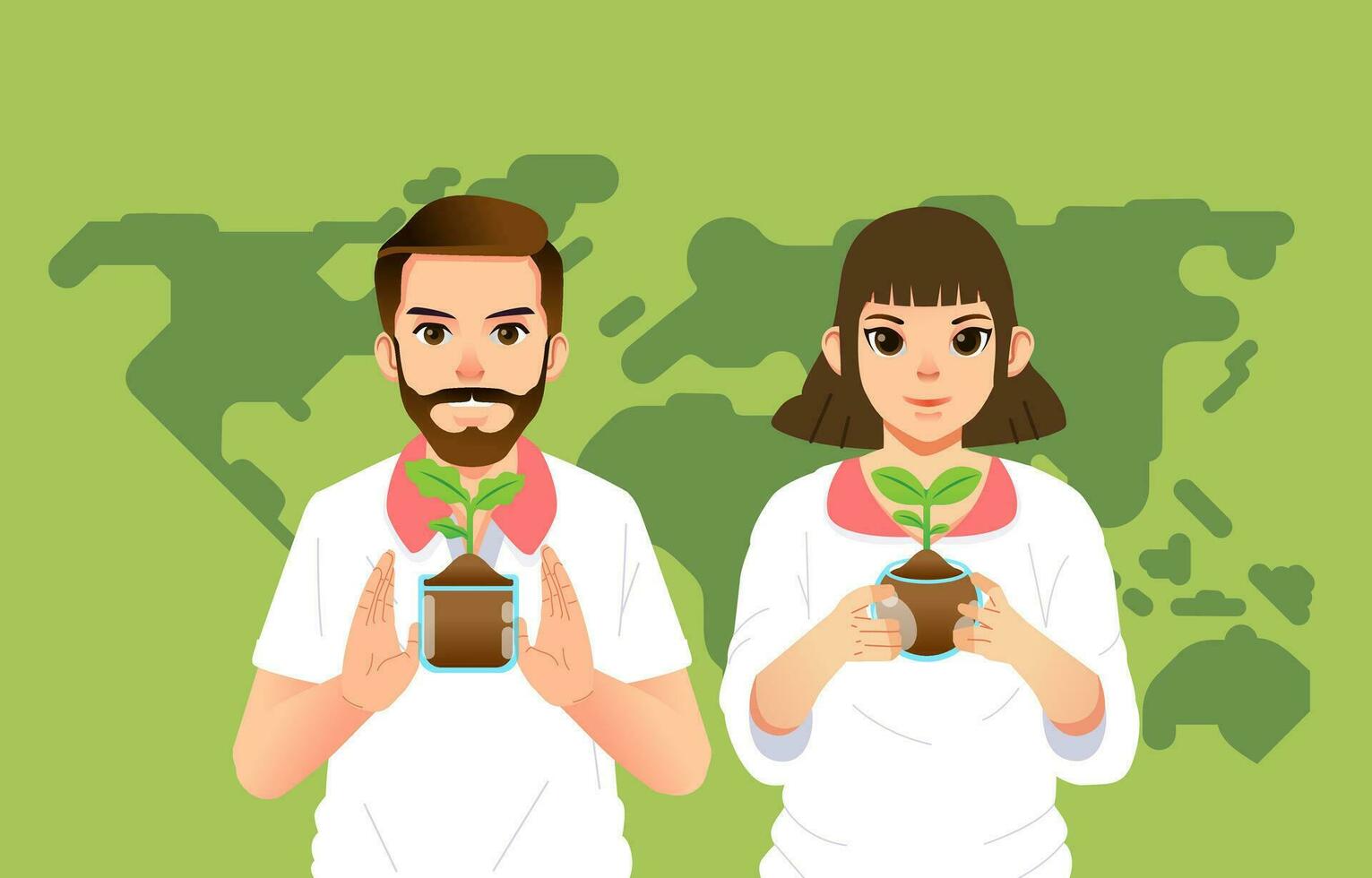 World Environment Earth Day. man and woman holds handful soil with plant sprout seed. Sustainable lifestyle, green, ecological conversation, nature concept vector