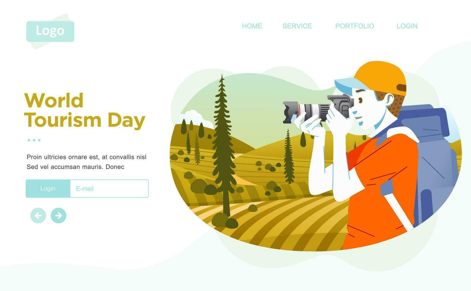 world tourism day landing page illustration, with young man tourist taking picture of beautiful landscape with digital camera vector