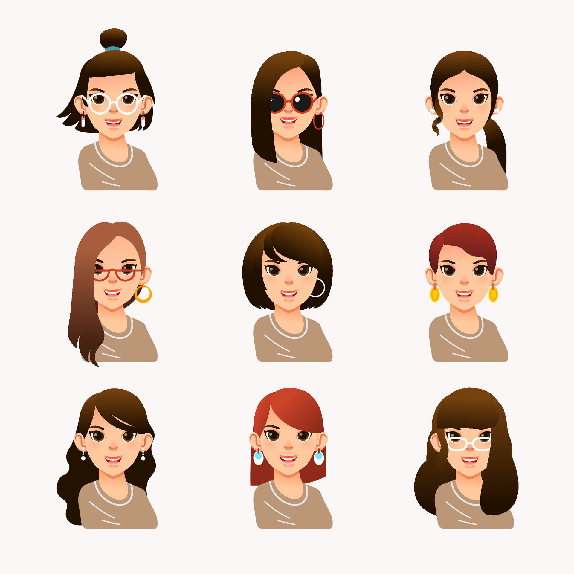 collection of young woman with different modern hair style, long hair