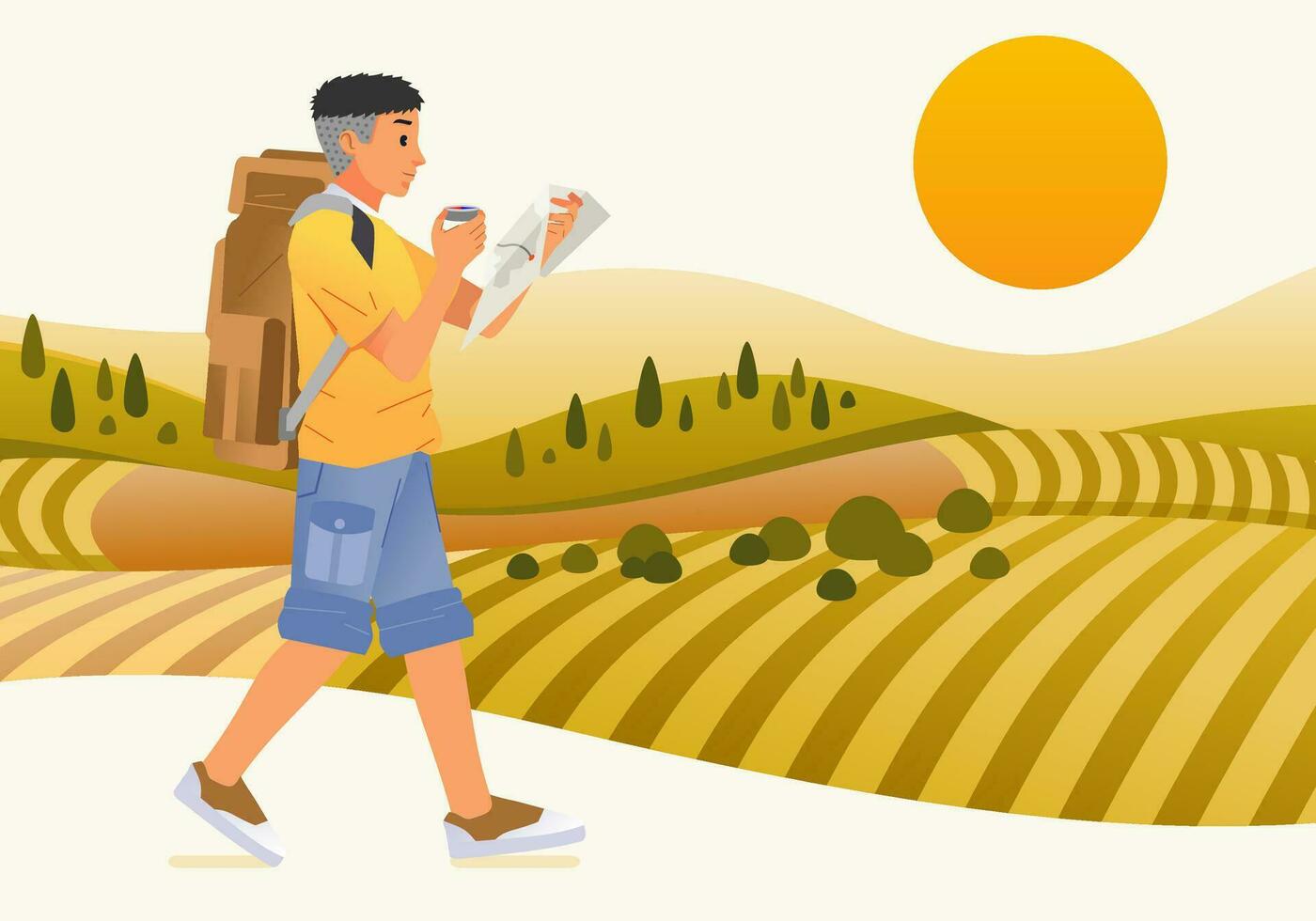 joven hombre turista personaje trayendo mochila y mapa caminando a lo largo el verde campo y disfrutando el paisaje con puesta de sol ver vector