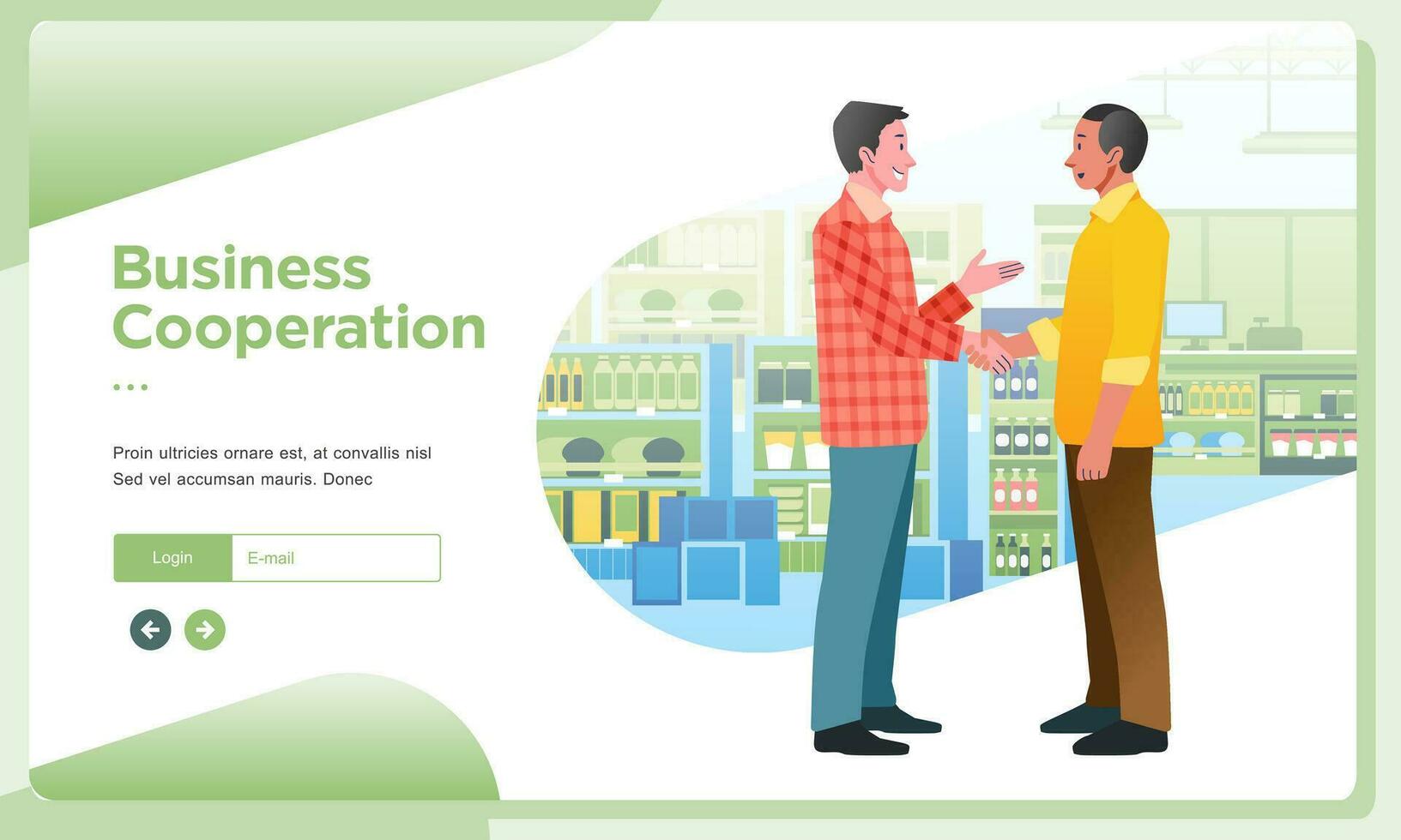 Landing page banners. Entrepreneurs and investors shake hands, into a cooperation agreement to develop the retail business vector