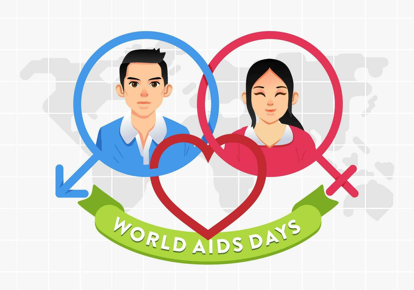 World AIDS day poster campaign with man and women character on gender icon and world map as background vector illustration