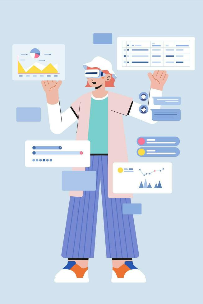 Metaverse Digital Virtual Reality Technology of a woman with glasses  VR connected to chart and graphinc business vector