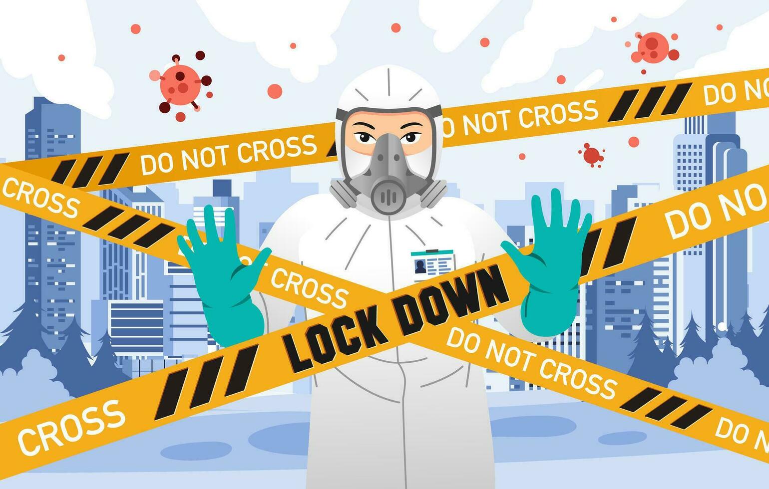 person wearing hazmat suit with lockdown town because of virus contagiousness virus vector