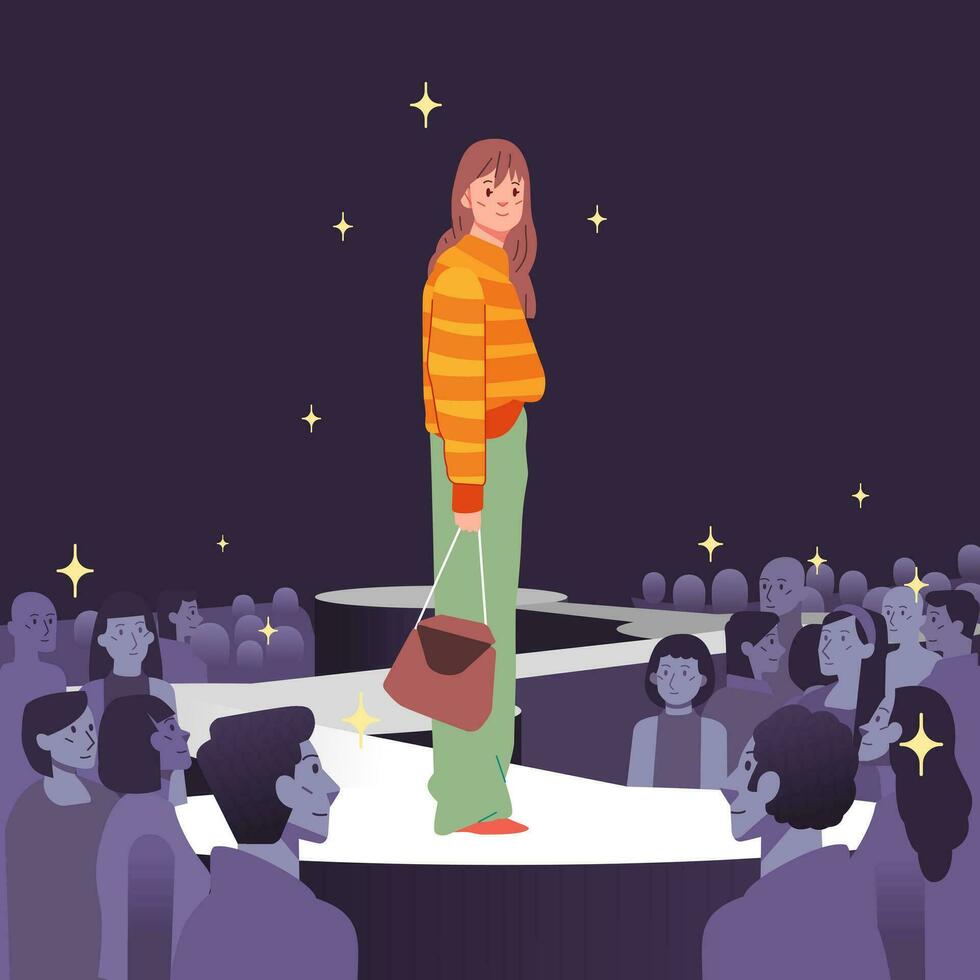 Fashion models showing represent new clothes outfit trendy modern stylish women Posing walking on ramp catwalk stage runway. Audience crowd watching vector