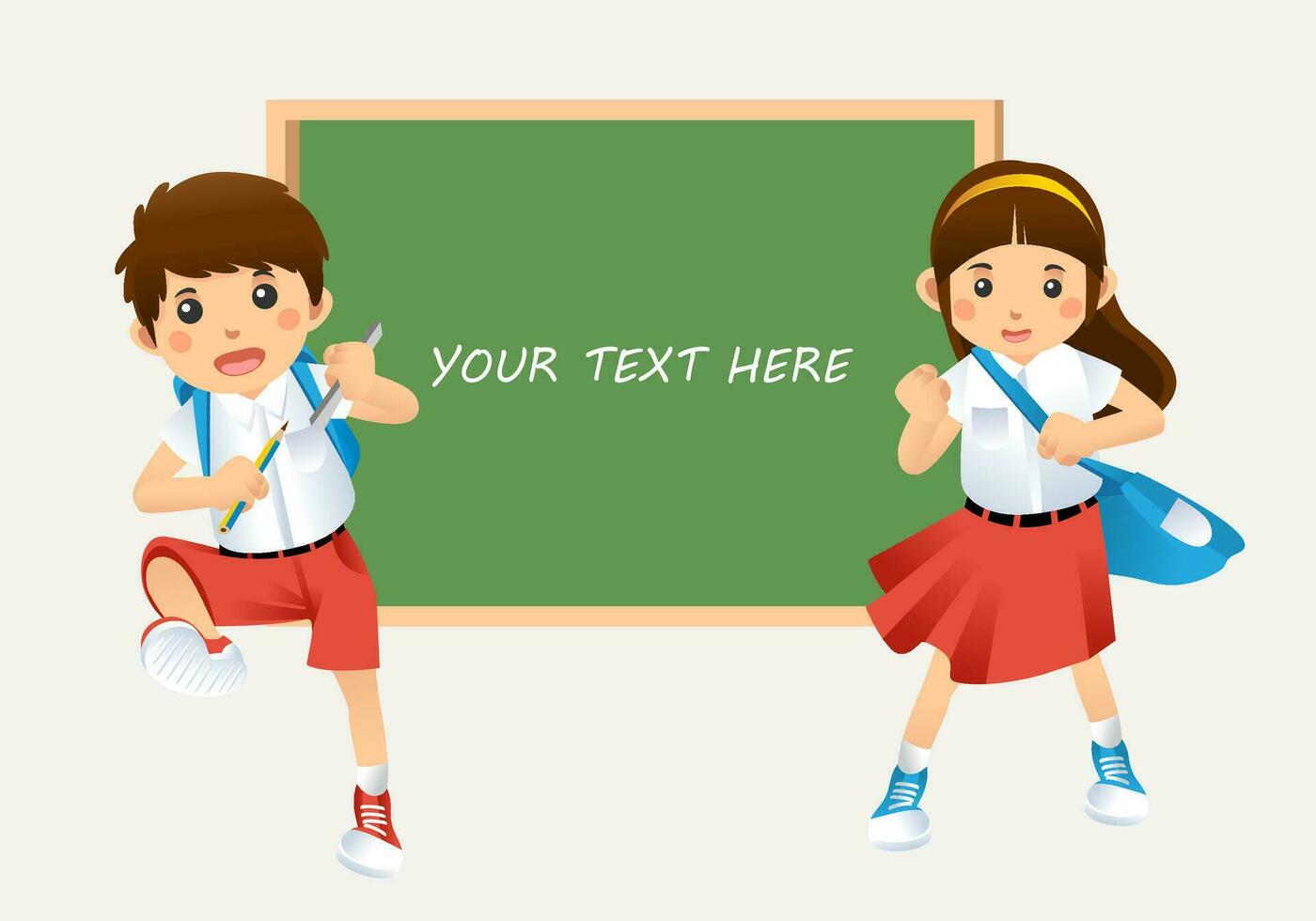 character illustration of Indonesian Primary School Kids, boy and girl with Greenboard behind vector