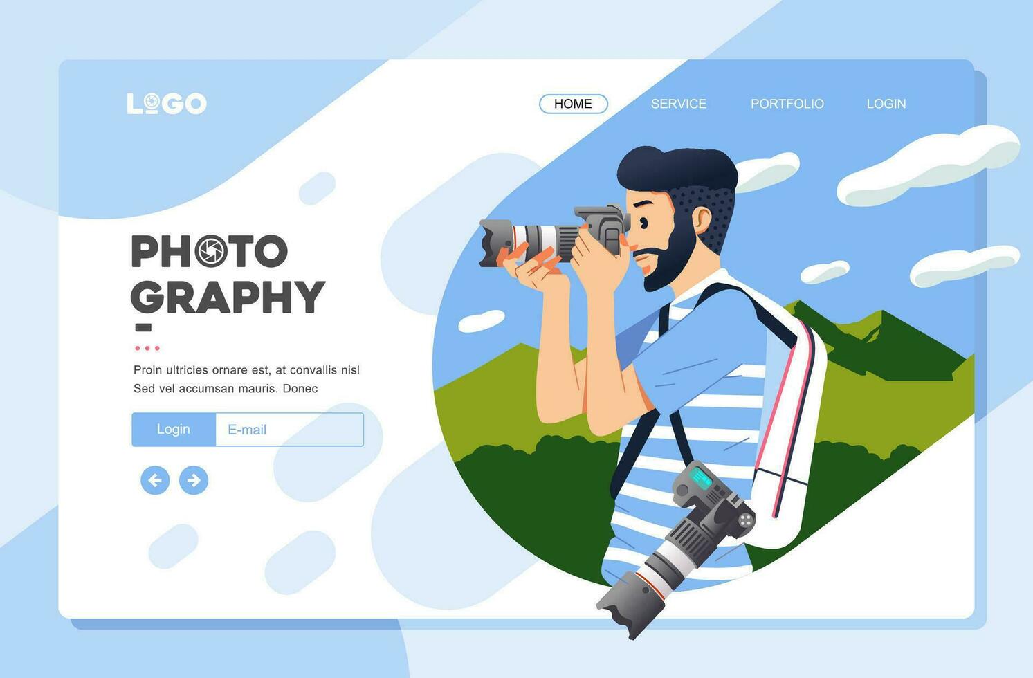 landing page vector template illustration, young man taking picture of nature using digital camera and bring one antother digital camera and backpack in his back