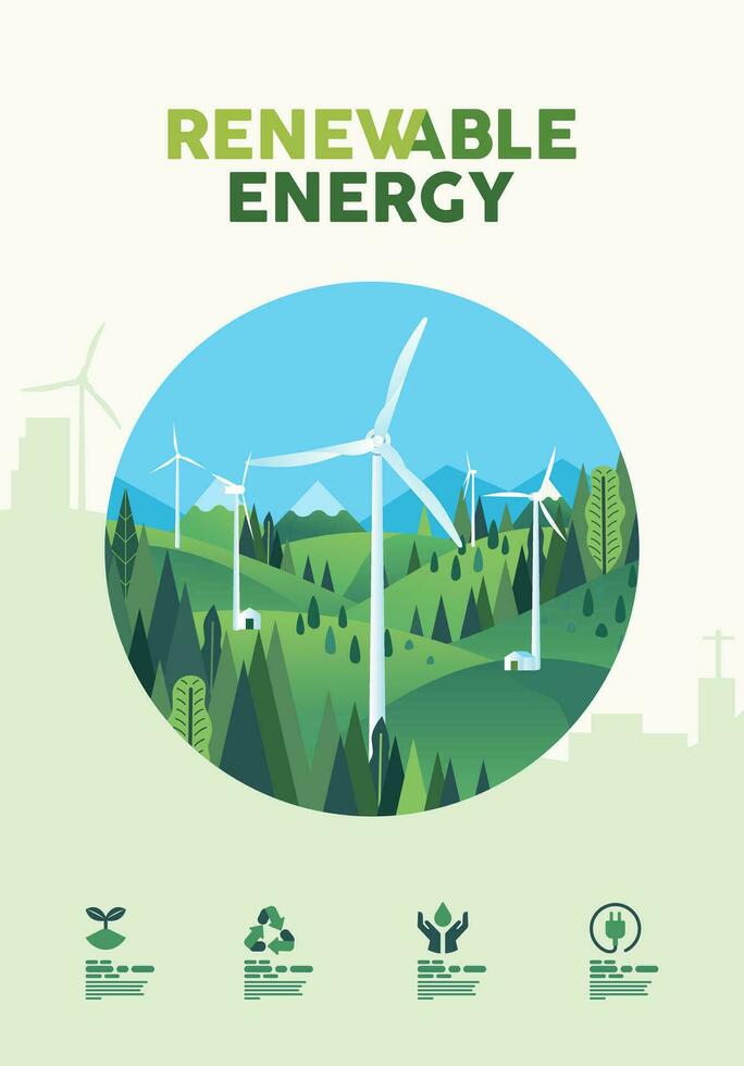 Green hills nature landscape, environment, meadows, ecology, field, renewable alternative energy, wind turbine poster banner concept vector