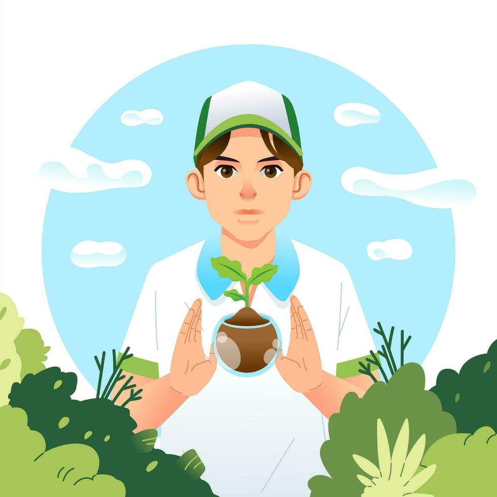 World Environment Earth Day. Man character holds handful soil with plant sprout seed. Sustainable lifestyle, green, ecological conversation, nature concept vector