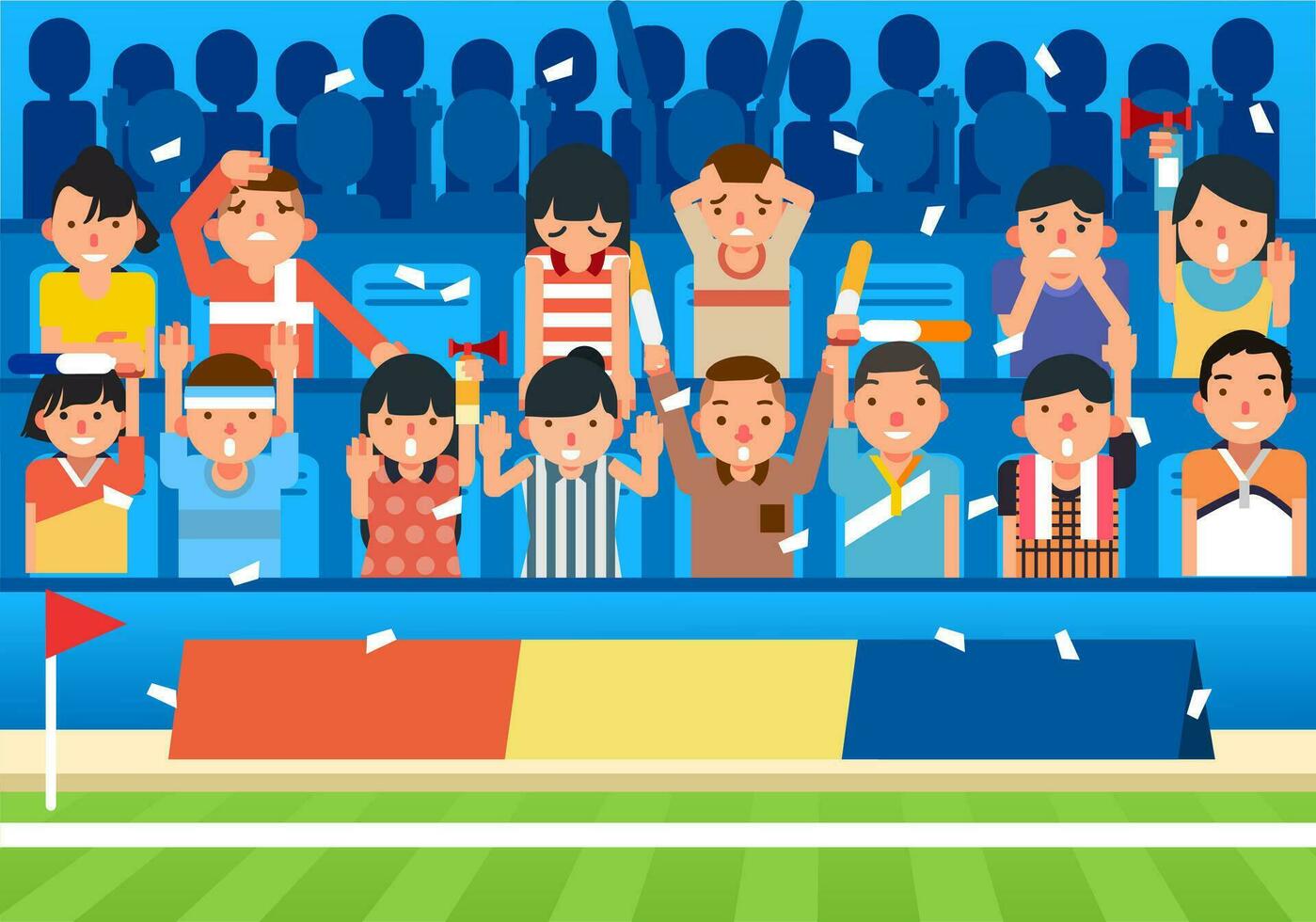 seguidor aplausos desde estadio asiento junto a fútbol americano campo, contento y triste seguidor vector ilustración