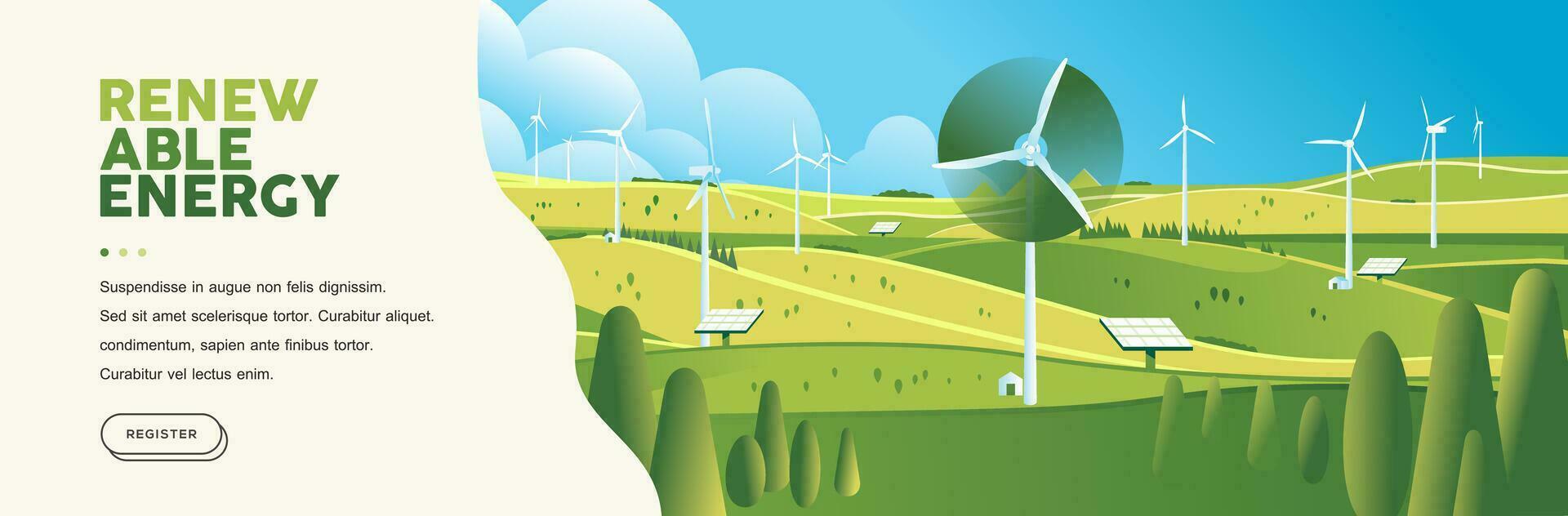 Green hills nature landscape Eco friendly technology, wind turbine, alternative renewable energy, sustainable environment banner vector
