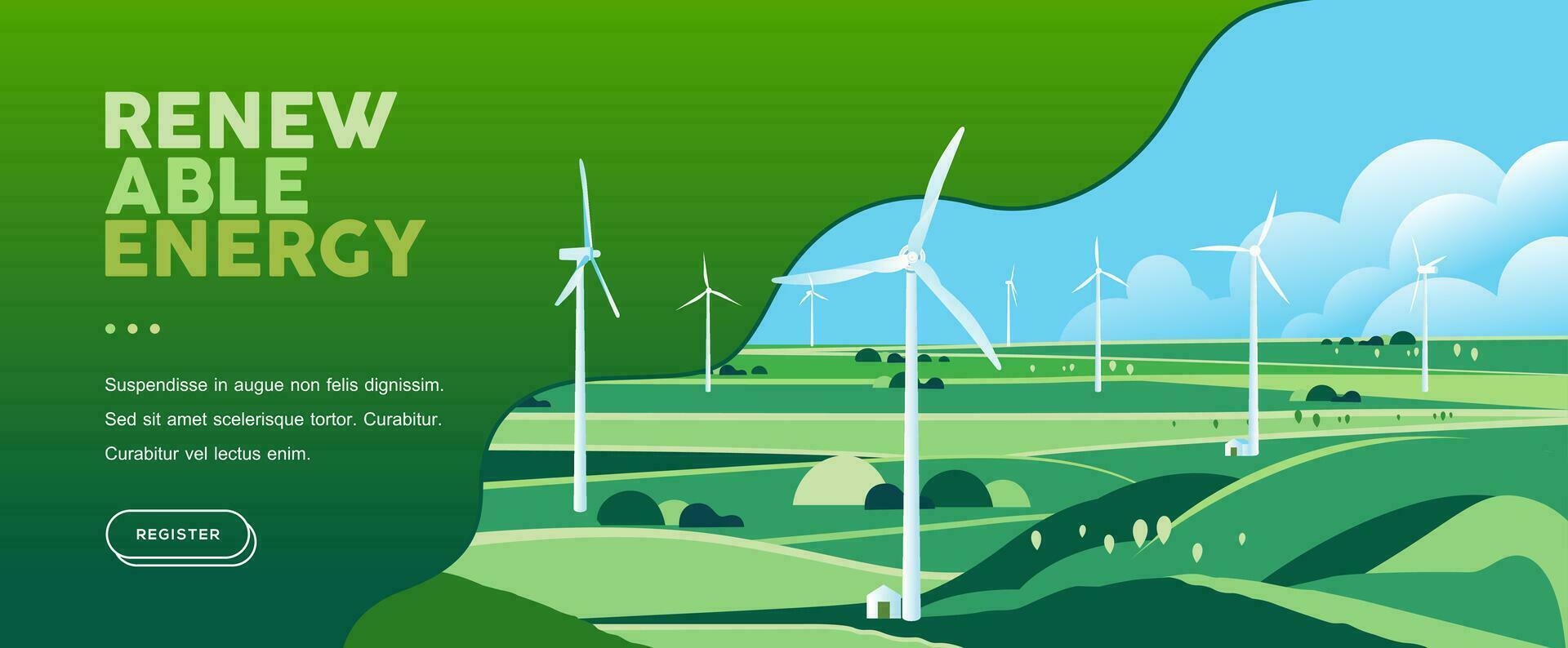 Green hills nature landscape Eco friendly technology, wind turbine, sustainable environment banner, renewable alternative energy vector