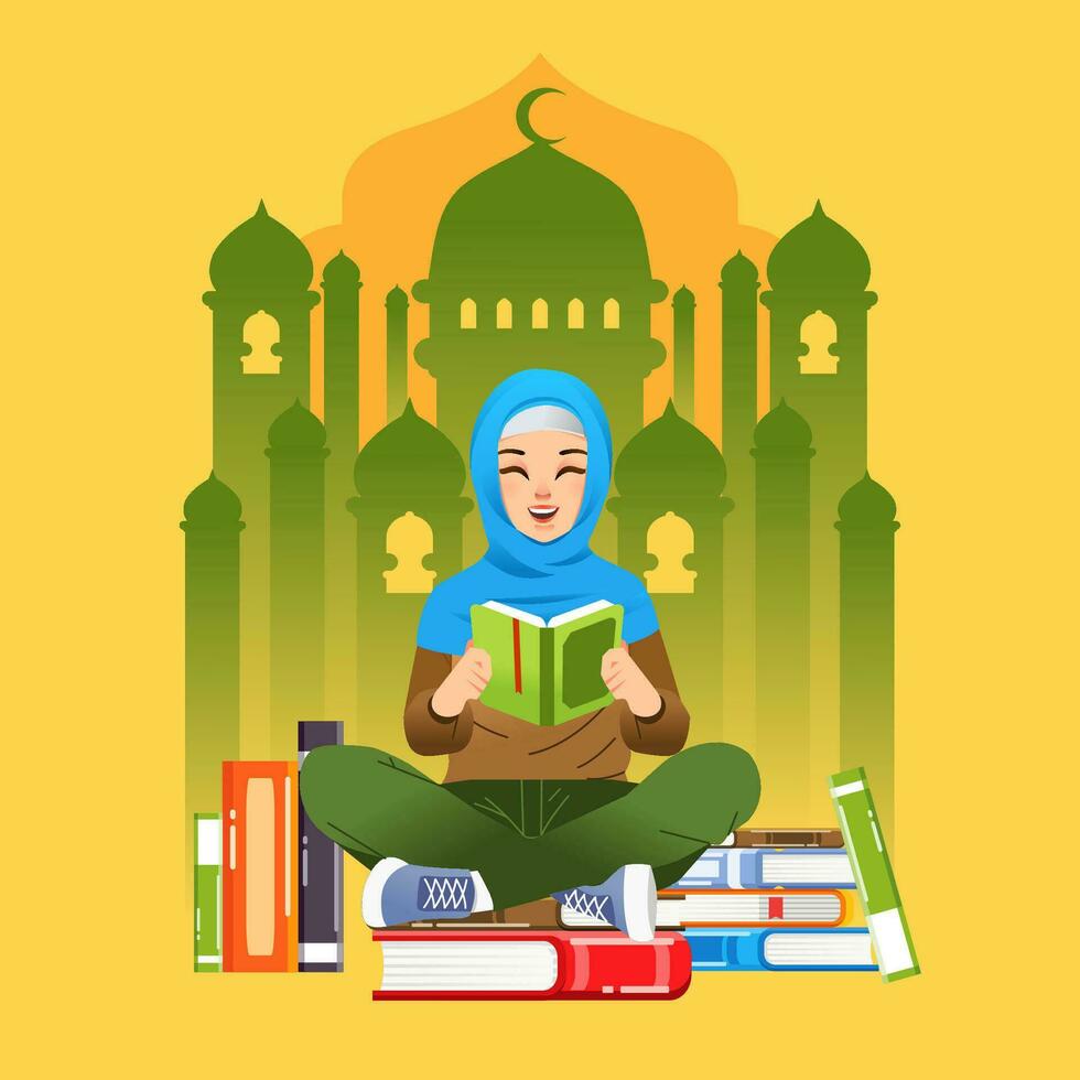 internacional literatura día Campaña póster con hijab niña leyendo libro y sentar en el apilar de libros y mezquita Shilouette como antecedentes vector ilustración