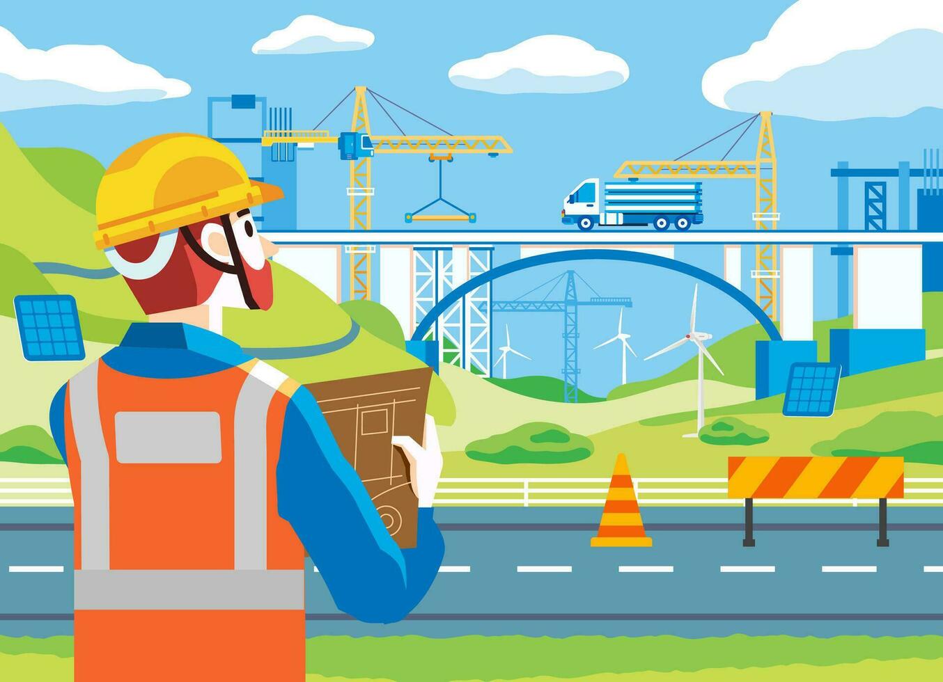 man monitoring bridge construction site, wearing safety equipment like helmet and jacket. there is truck and many heavy equipment the construction site vector